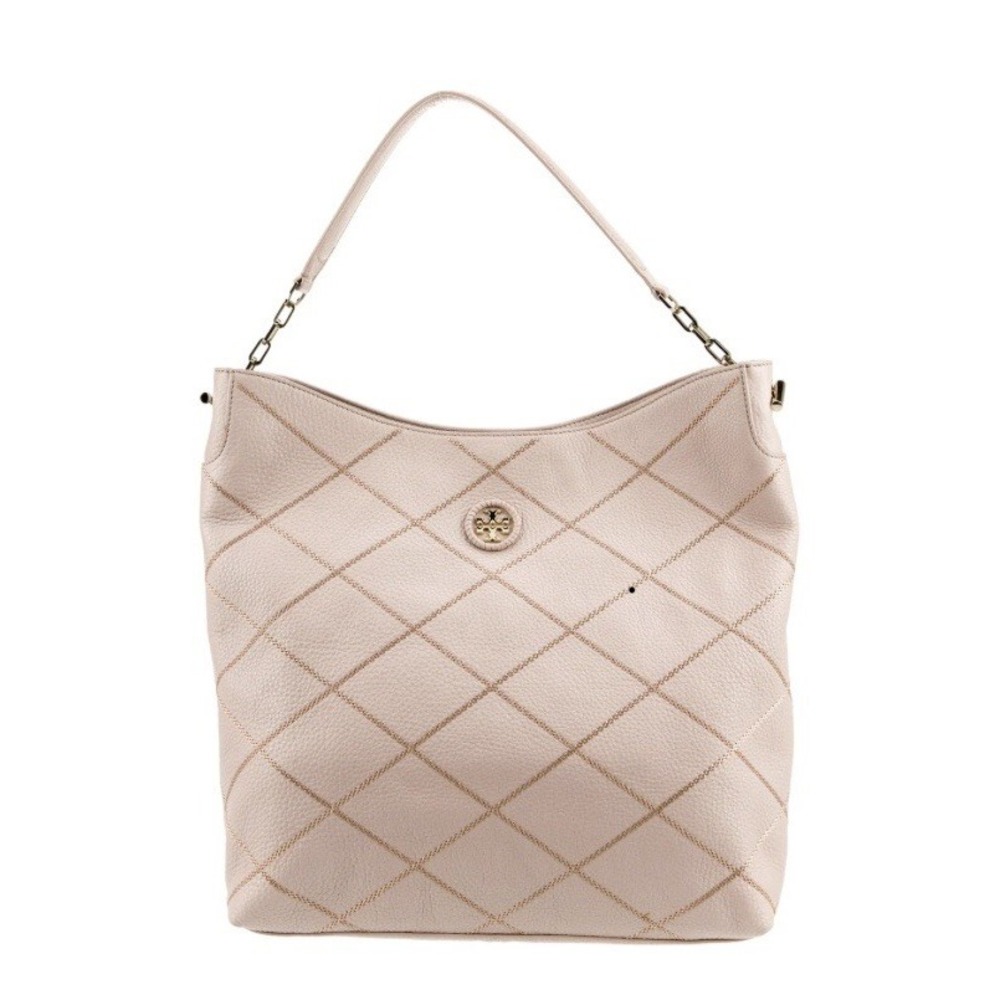 Tory Burch Womens Port Frida Blush Pink Diamond Stitched Pebbled Hobo Tote $548
